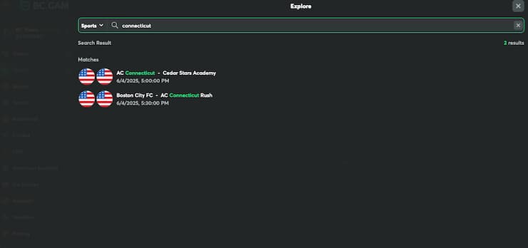 A view of the betting interface on BC Game, one of the best CT online sportsbooks.